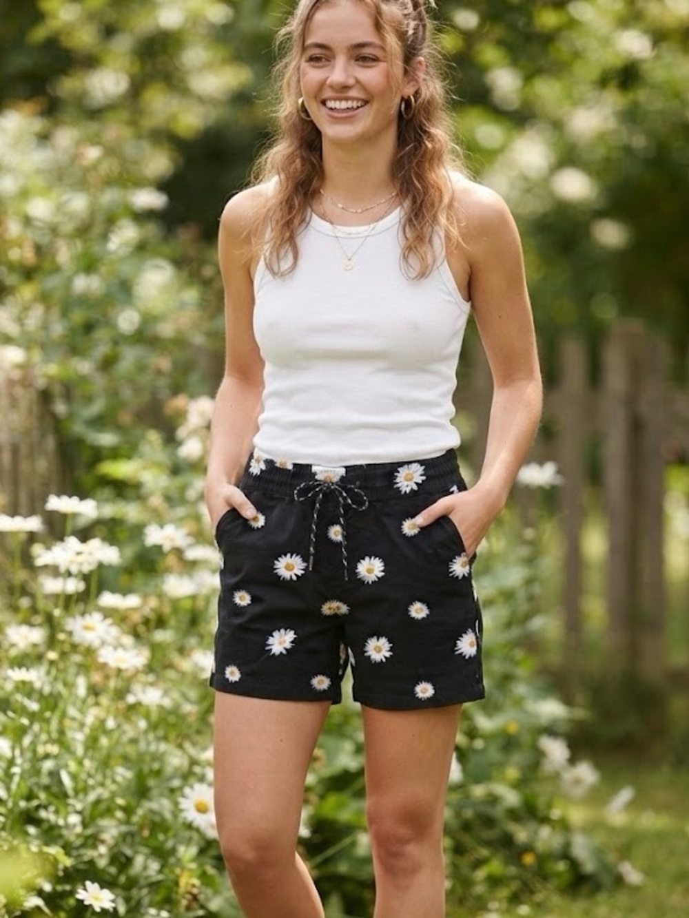 Zipcode Black Daisy Floral Drawstring Shorts Relaxed Cottagecore 100% Cotton